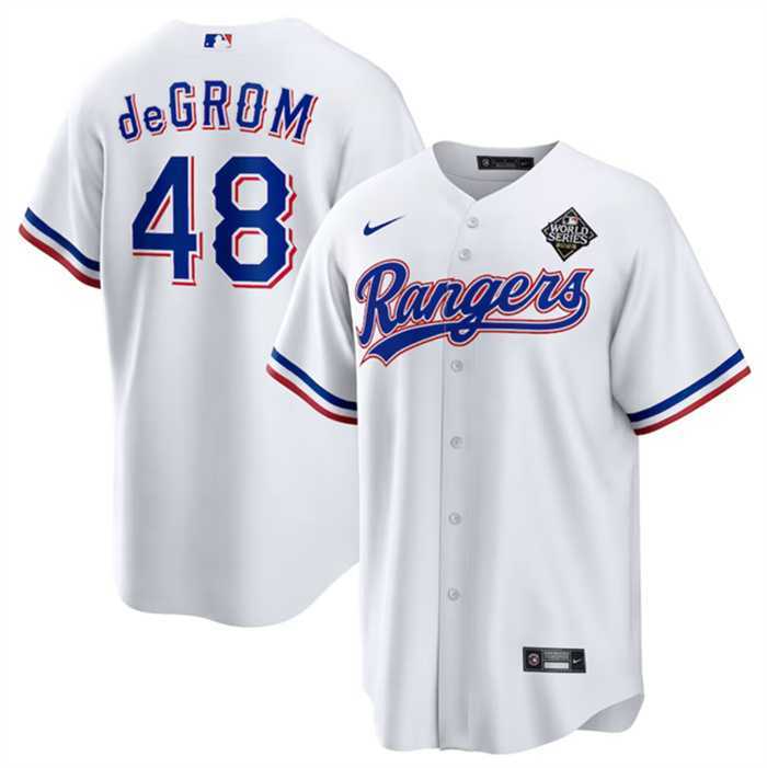 Men%27s Texas Rangers #48 Jacob DeGrom White 2023 World Series Cool Base Stitched Baseball Jersey Dzhi